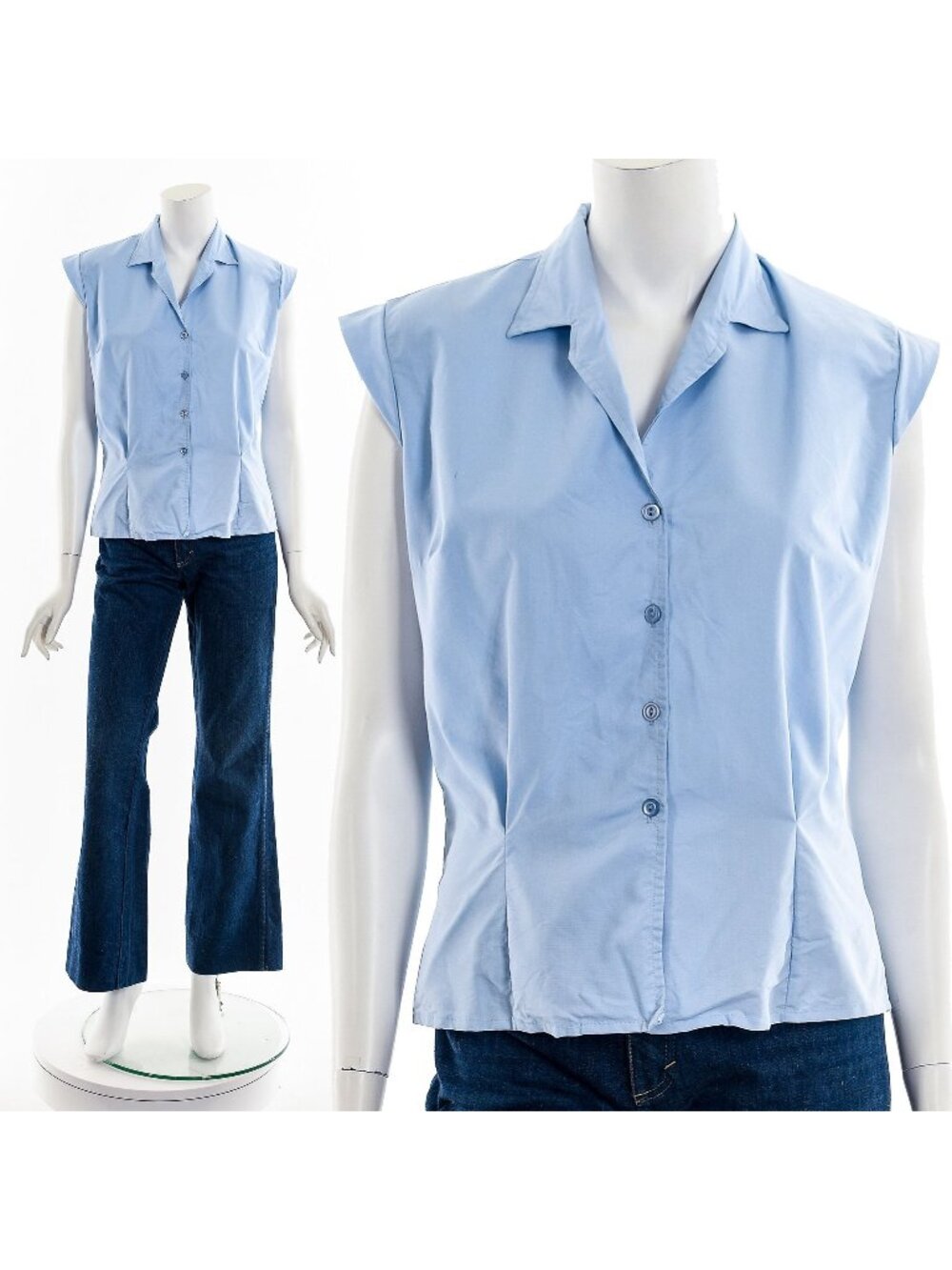 Light Blue Sleeveless Tailored Button Up 70s